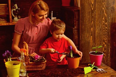 Hobi kavramı. Küçük bir çocuk yardım kadın ile toprak, tencerede çiçek dikim hobi. Kapalı bahçe hobi olarak. Aile hobi etkinliği zevk