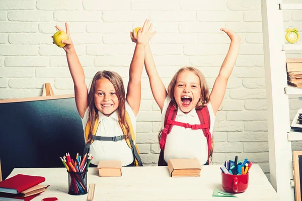 Terug naar school en huis het scholen. Gelukkig schoolkinderen op les in 1 september. Vriendschap van kleine zusters in de klas op de dag van de kennis. Kleine meisjes eet appel bij de lunchpauze. Schooltijd van meisjes — Stockfoto