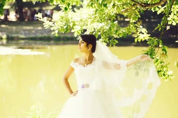 Mooie bruid op de rivier bank — Stockfoto