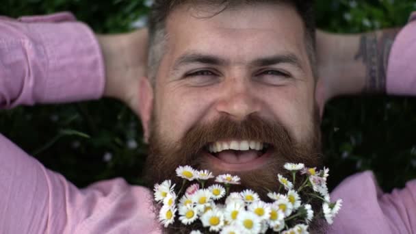 Close up de belo homem sorridente com flores em sua barba descansando na grama. Um homem com flores na barba deita-se na relva. Descanse e relaxe conceito. Desfrute de férias de verão e primavera. Vista superior . — Vídeo de Stock