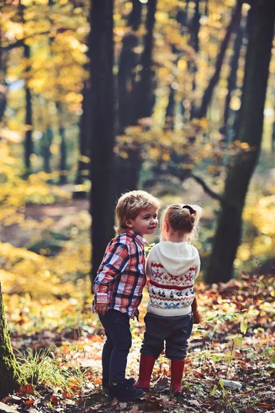 Friends play in autumn forest. Friends and child friendship, love and trust.