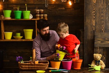 Aile günü. Sera. Baba ve oğul. Babalar günü. Çiçek bakım sulama. Toprak gübreleri. bahar çiçekleri ile mutlu bahçıvanlar. sakallı adam ve küçük çocuk çocuk doğayı sever. Şuna bak.