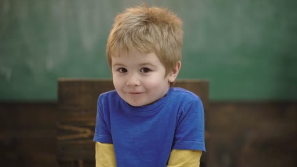 Közelről portré egy boldog fiú mosolyogva a fából készült háttér. Joyfull kis gyerek. Boldog és izgatott. Portré vonzó nevetés kisgyermek fiú. Portré nevető fiú zöld háttér. — Stock videók