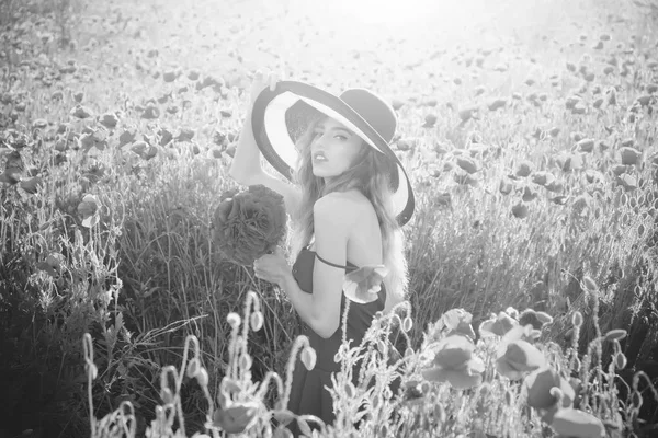 Niña en el campo de semillas de amapola en sombrero retro — Foto de Stock