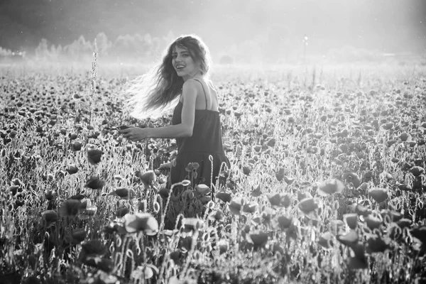 Jolie femme ou fille heureuse dans le champ de graines de pavot — Photo