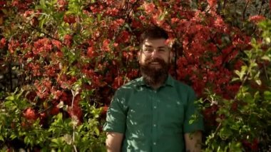 Yetişkin komik adam yüz grimace çiçek lenme çiçekleri ile çevrili. Duygular ve yüz expxression. Hipster ilkbaharda çiçek kokusu tadını çıkarın. Kırmızı çiçeklerin arka planındaki adam. Bahar doğa ve tatil.