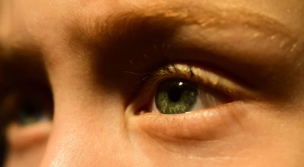 Τι λέει το μάτι σου για την υγεία σου. Μικρό αγόρι με φακό. Το αγοράκι έχει κακή όραση. Διόρθωση όρασης σε οφθαλμίατρο. Οφθαλμίατρος συνταγογραφήσει φακό. Παιδική μέριμνα. Αγώνας κατά της κακής υγείας — Φωτογραφία Αρχείου