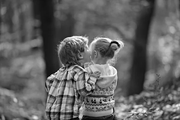 Valentine boy kiss little girl friend in autumn forest. Valentines day concept — Stock Photo, Image