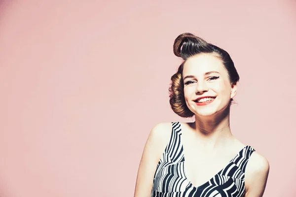 stock image happy girl with with retro hair and fashionable makeup, pinup