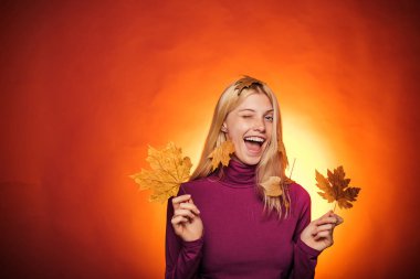 Güzel şehvetli sarışın yaprakları ile oynuyor. Altın yaprak tutan sonbahar kadını. İç çamaşırında sonbahar indirimleri. Bulut yağmur şemsiyesi. Yağmur konsepti. Kadın külot satışı. Sonbahar konsepti.