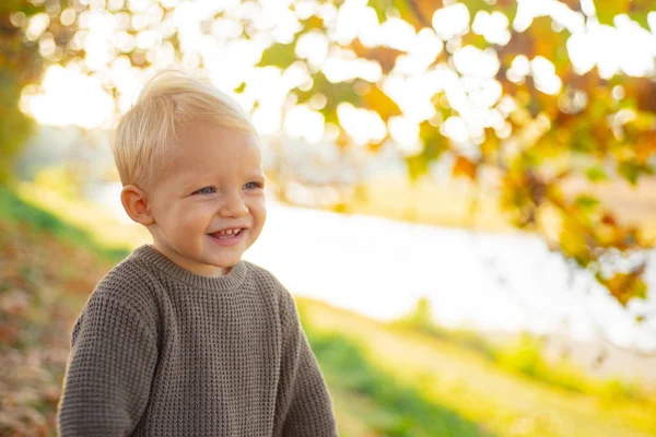 Bambino ragazzo occhi blu godere di autunno. Piccolo bambino nella soleggiata giornata autunnale. Calore e intimità. Buona infanzia. Dolci ricordi d'infanzia. Bambino autunno lascia sfondo. Momenti caldi dell'autunno — Foto Stock