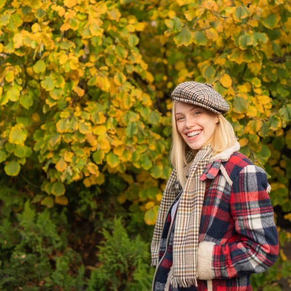 Woman wear checkered clothes nature background. Girl wear kepi. Fall fashion accessory. Adorable blonde fashion girl. Enjoy fall season. Autumn is here. Fashion trend. Pretty woman in hat. Fancy girl — Stock Photo, Image
