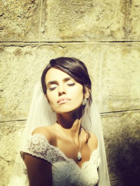 Taşlı duvarının yakınında güzel gelin