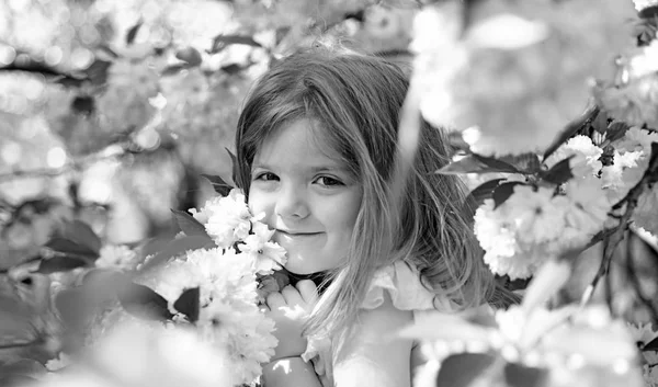 Criança pequena. Beleza natural. Dia das crianças. Na Primavera. previsão meteorológica. Menina na primavera ensolarada. Moda menina de verão. Feliz infância. rosto e cuidados com a pele. alergia às flores. Feliz dia de primavera — Fotografia de Stock