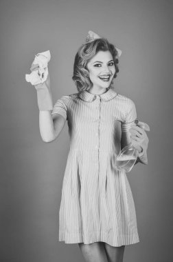 Pinup kadın tutun çorba şişe, toz bezi.