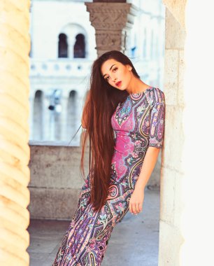 Yaz City güneşli bir günde sokak poz genç güzel şık bir kız. Mor elbise giyen kadın çarpıcı. Uzun saçlı güzel model.