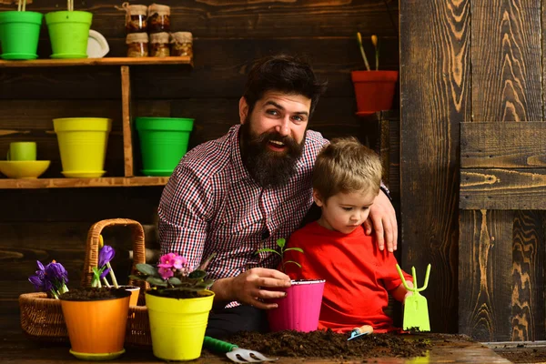 Jardineros felices con flores de primavera. Día de la familia. Invernadero. Cuidado de las flores riego. Abonos del suelo. Padre e hijo. El hombre barbudo y el niño pequeño aman la naturaleza. día de la tierra —  Fotos de Stock