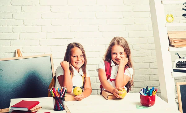 Amistad de las hermanas pequeñas en el aula en el día del conocimiento. Niños de la escuela feliz en la lección en septiembre 1. Las niñas comen manzana en la hora del almuerzo. De vuelta a la escuela y a la educación en casa. Tiempo escolar de las niñas — Foto de Stock