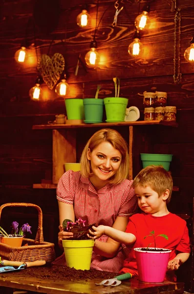 Eko kavramı. Küçük oğlu yardım anne yeni pota, çevre çiçek dikim. Çevre ve ekoloji. Çevre dostu ve yeşil git