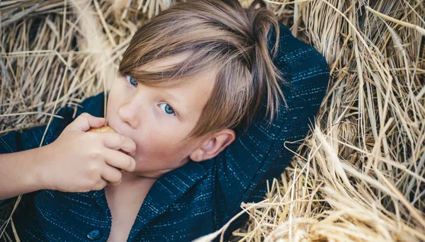 털이 많은 소년은 건초 배경에 누워 사과를 먹는다. 소년은 가을에 어린이 옷을 광고합니다. 행복한 어린 시절. — 스톡 사진