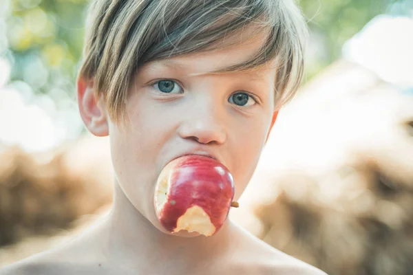 Ragazzo dai capelli biondi sdraiato su sfondo fieno e mangia una mela. Vendita per tutta la collezione autunnale, sconti incredibili e scelta meravigliosa. Ciao estate - ciao autunno. Bambino in vacanza autunnale in agriturismo . — Foto Stock