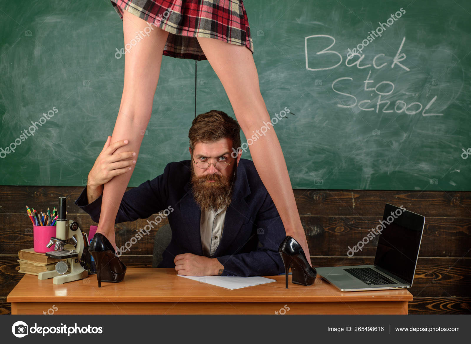 Sex Role Game Man Bearded Teacher And Female Mini Skirt Sexy Legs