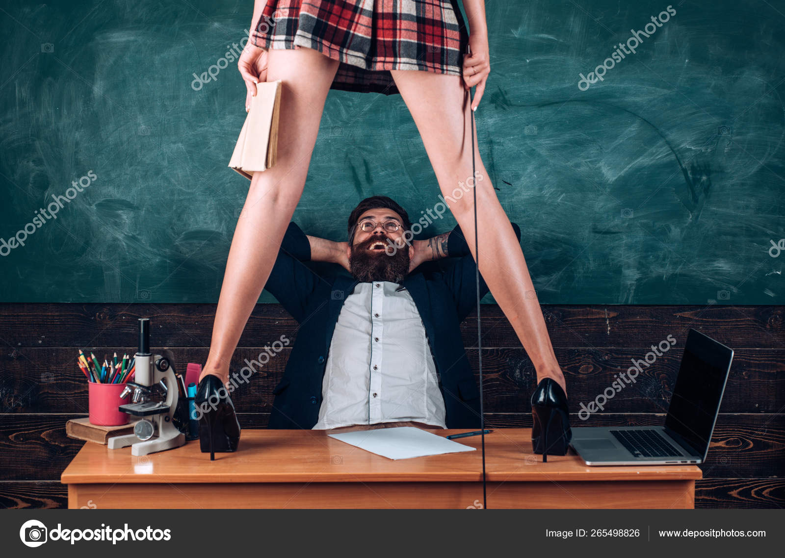 Sex role game. Man bearded teacher and female mini skirt sexy legs. Learning sexy female body. Domination and submission
