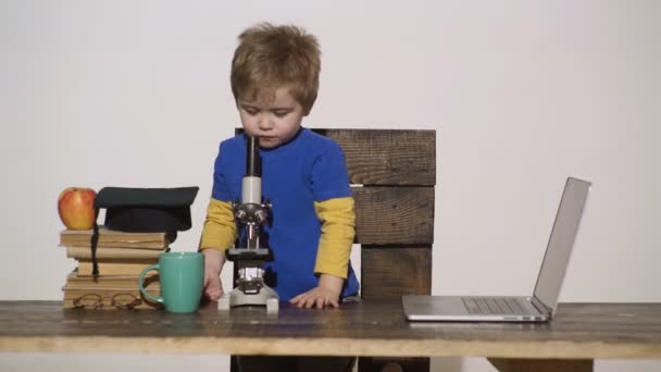 Kid Boy ser i Mikroskop. Wunderkind Concept-smart liten pojke, vetenskapsman barn som arbetar med Mikroskop, laptop. Grundskolans koncept. Först intresserade av att studera, lära, utbildning. Vetenskap. — Stockvideo