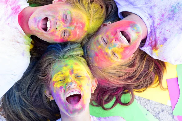 best friends forever. Crazy hipster girls. Summer weather. positive and cheerful. Happy youth party. Optimist. Spring vibes. colorful neon paint makeup. children with creative body art. friendship