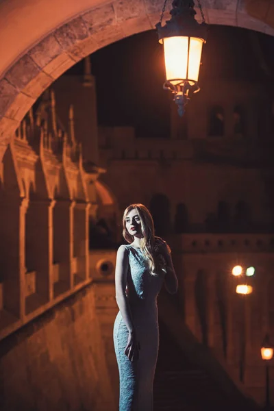 Σέξι μοντέρνα όμορφη νεαρή γυναίκα στο Μακρύ βραδινό φόρεμα πάνω από άποψη την νύχτα τα φώτα της πόλης. Όμορφη κοπέλα με μακριά μαλλιά. — Φωτογραφία Αρχείου