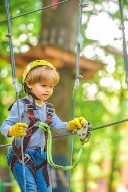 Her çocukluk önemlidir. Parkta ağaçlara tırmanan bir çocuk. Yüksek halatlar yürür. Bir ağaç evde veya bir ip parkta güvenlik ekipmanları tırmanma Sevimli çocuk halat tırmanıyor