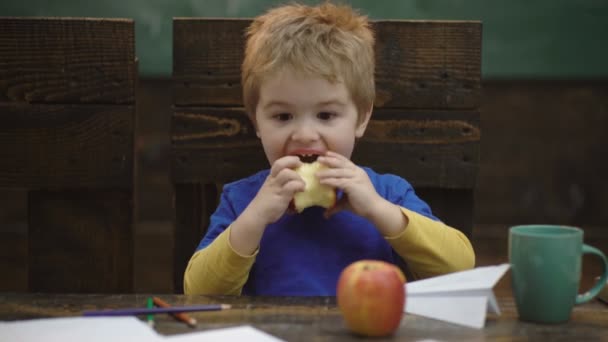 Skol uppehåll. Hungrig unge äter äpple i klassrummet. Schoolboy har ett äpple under sin lunchrast. Hälsosam mat för barn. Tillbaka till skolan. Klasskamrat utbilda vän kunskap lektion Concept. — Stockvideo