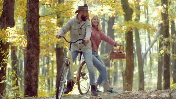 Portrét veselé mladé ženy a vousatého muže s podzimními listovíky. Romantický podzimní pár v lásce. Retušený a přírodní světlo. — Stock video