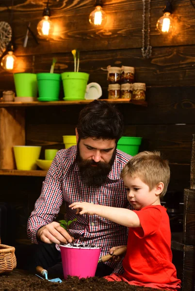 Flower care watering. Soil fertilizers. Family day. Greenhouse. happy gardeners with spring flowers. Father and son. Fathers day. bearded man and little boy child love nature. Busy at work
