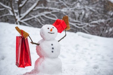 Kış şapkalı kardan adam beyefendisi. Kardan adam ve kar günü. Hediye bir çanta ile Kardan adam.