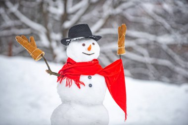 Sevimli kardan adamlar kış Noel manzara ayakta. Kardan adam kürk şapka ve atkı takıyor. Noel günü ışık yıldızı ile Kardan Adam.