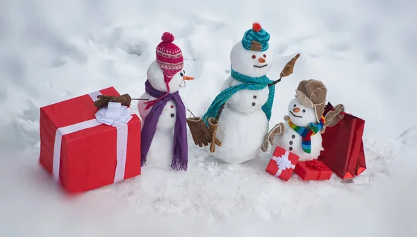 Christmas holidays discounts and winter sale. Greeting snowman. Winter snowman family. Mother snow-woman, father snow-man and kid wishes merry Christmas and Happy New Year. — Stock Photo, Image