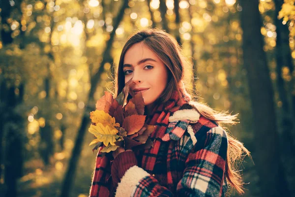 Sıcak örme eşarp parkta veya ormanda yürüyen güzel mutlu kız Sonbahar açık portre. Güz Maple Leaf Outdoors ile Mükemmel Woman Model. — Stok fotoğraf