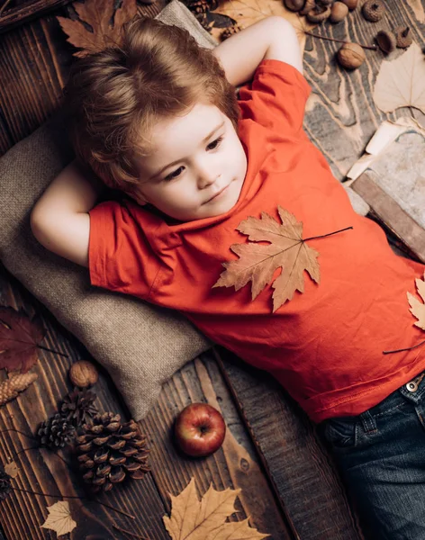Милый маленький мальчик готовится к осени. Маленький мальчик лежит на теплом одеяле и мечтает о теплой осени. Малыш лежит, положив руки за голову и покоясь на деревянном полу в золотых листьях . — стоковое фото