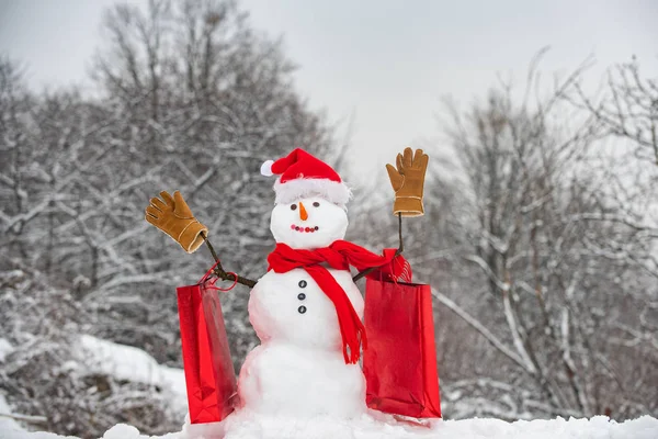 白雪の背景にクリスマス雪だるま。冬のクリスマスの風景に立っているギフトボックスを持つ幸せな雪だるま。ショッピングバッグ付きスカーフと帽子の雪だるま. — ストック写真