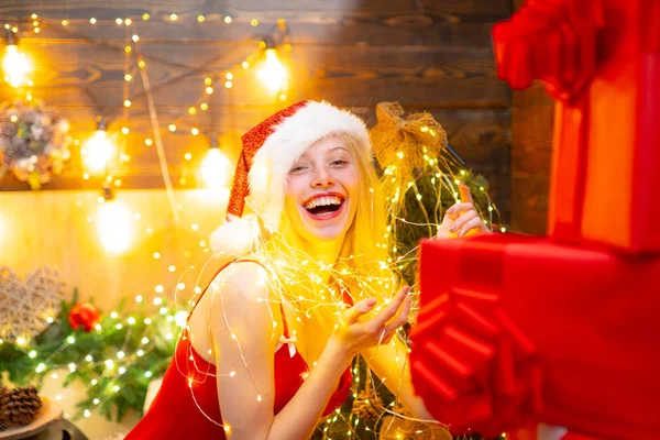 Sexy lingerie christmas celebration. Love peace and joy for whole year. Girl santa hat at home near christmas tree. Red lingerie for christmas. Sexy erotic girl celebrate new year and merry christmas — Stock Photo, Image