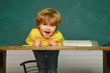 Tahtayı gösteren komik küçük çocuk. Okula geri dön. Blackboard arka plan - kopya alanı. Evde öğrenme.