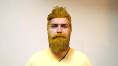 Renkli sakallı ve bıyıklı sakallı adam. Yakın çekim adam portresi. Yakışıklı şık sakallı adam. Çok uzun sakallı. Çekici kafkas sakallı hipster. Moda saç kesimi.