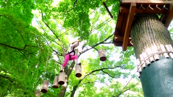 Kleinkind klettert in einer Seilspielanlage. kleines Mädchen Konzept. Seilpark. Ein kleiner Junge genießt seine Kindheit. Hochseilgarten. Teenager Mädchen Abenteuer und Reisen. — Stockvideo