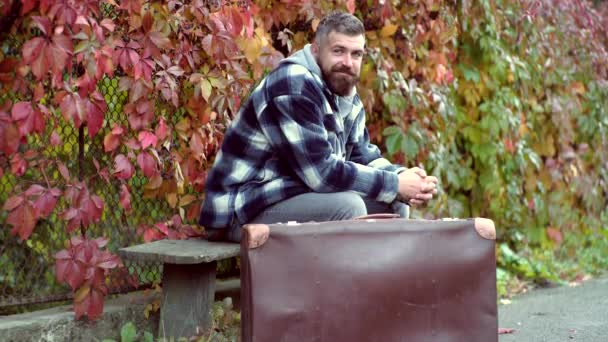 Joven hombre guapo con barba y bigote. Guapo otoño hombre serio modelo en el parque. Humor otoñal. Hombre guapo hipster en el fondo de otoño . — Vídeos de Stock