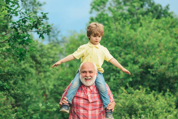 Yaşlı ve genç. Aile üretimi ve ilişkiler konsepti. Sakallı Büyükbaba ve torunu güneşli bir gün ile oynuyor. Büyükbaba ve torunu açık zevk. — Stok fotoğraf