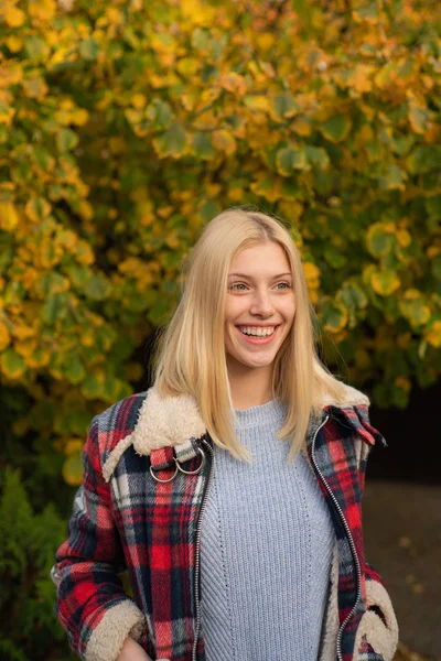 Glimlachende jonge vrouw in het Park. Bomen met gele bladeren. Gezellige herfst. Knuffelzachte concept. — Stockfoto