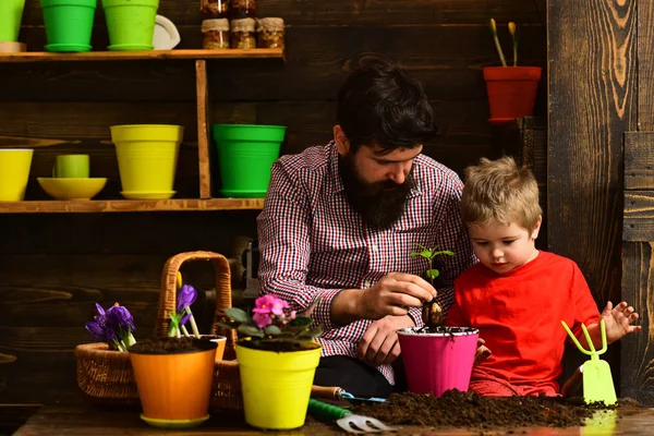 ひげを生やした男と幼い男の子は自然を愛する。春の花と幸せな庭師。フラワーケア散水。土壌肥料。家族の日です。温室 効果。父と息子。美しい花の束を作る — ストック写真