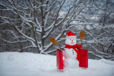 Satılık kar adam. Karlı alanda şık şapka ve eşarp komik kardan adam. Hediye duyguları. Alışveriş çantası ve Noel hediyesi ile Noel kardan adam.