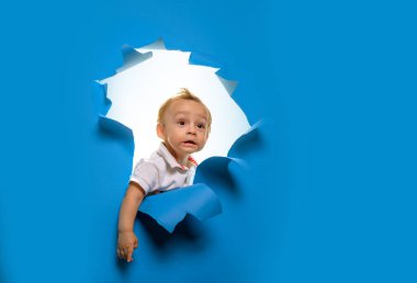 Küçük kaşif. Küçük çocuk mavi duvarı kesiyor. Meraklı çocuk çocuk kağıt delik dışarı bakmak. Küçük çocuk yırtık kağıttan bakıyor. Yeni bir hayata ya da başlangıçlara giriş. Meraklı olmak